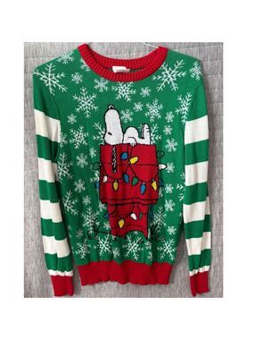 Peanuts Snoopy Christmas Sweater Women's Medium Green Red White Knit